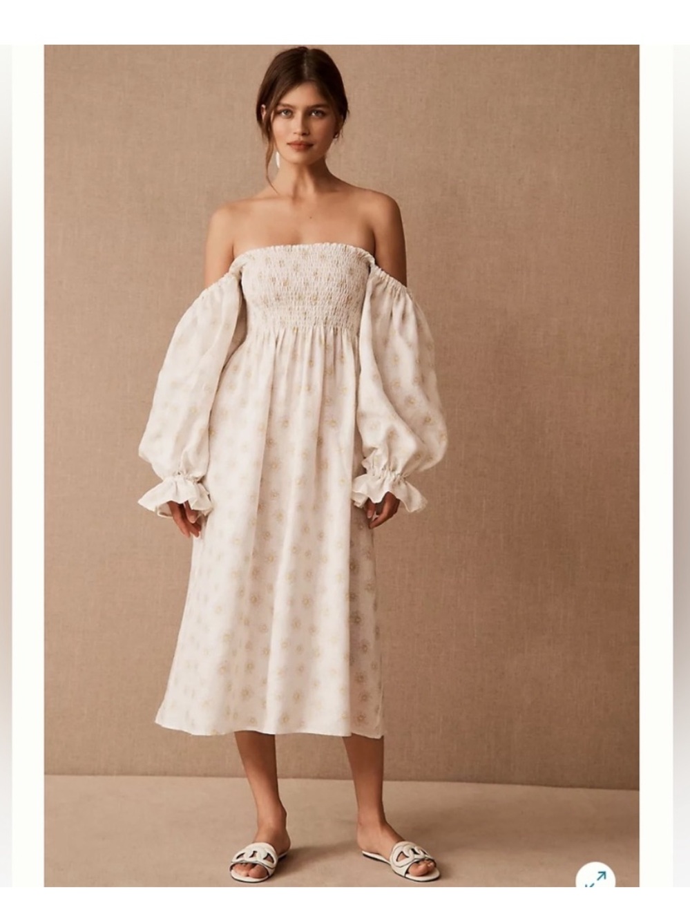 SLEEPER ATLANTA WHITE LINEN MIDI DRESS - DAISIES Balloon Sleeves Smocked Sz M